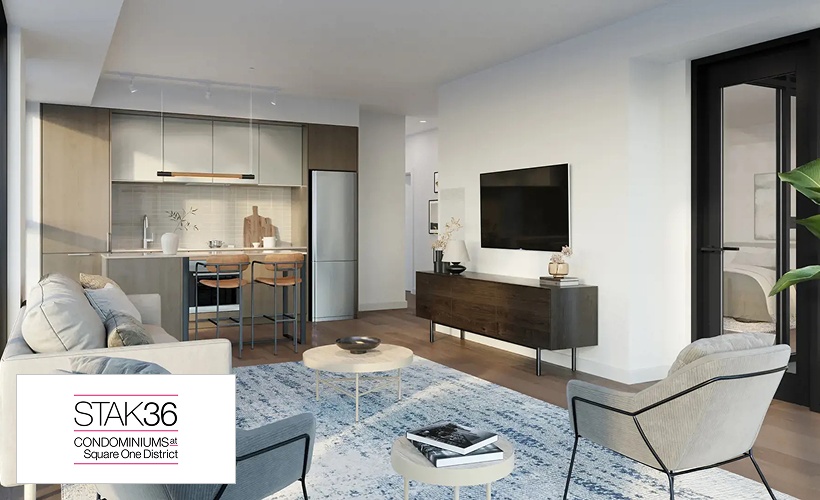 Modern condo interior at Square One District with open living space in Mississauga