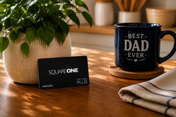 Square One gift card by a mug that says Best Dad Ever