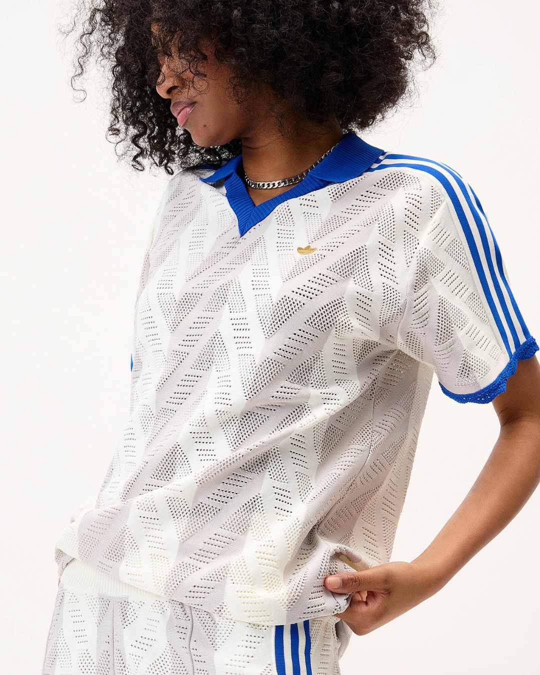 Adidas Striped Pointelle Knit Polo Shirt