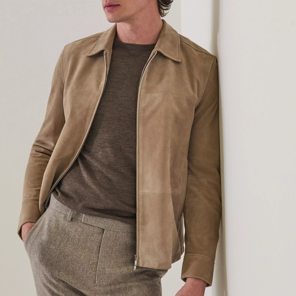 A man wearing a brown suede jacket